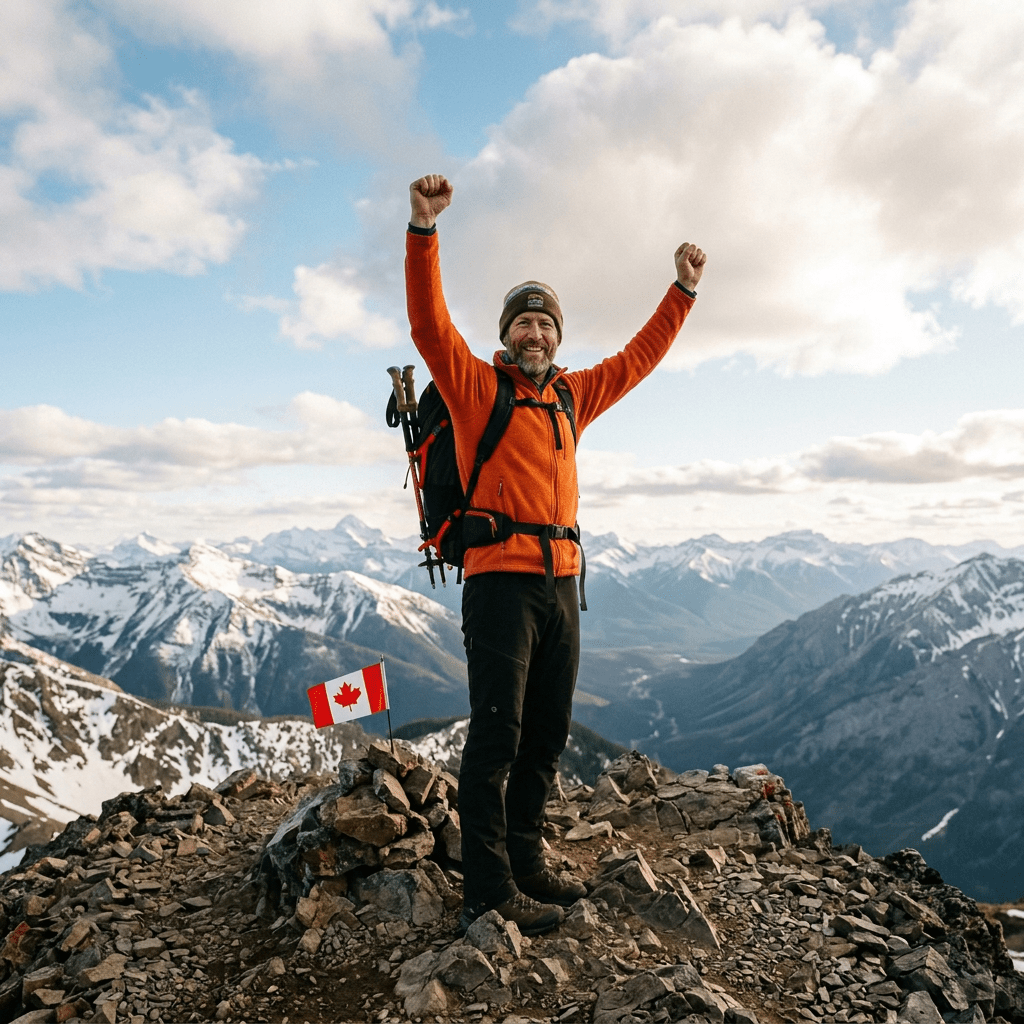 Hiker celebrating beside a Canadian flag on a rocky mountain summit